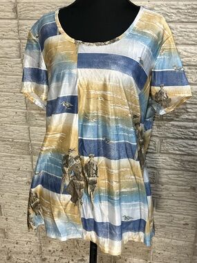 Vintage 90s Scenic Print Acetate Blend Tunic Top Women’s Beach Coastal Beach